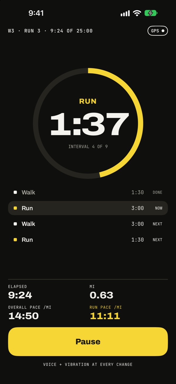 A live run: a yellow ring showing 1:37 left in a run interval, the next intervals below, and elapsed time, miles, overall pace and run pace.